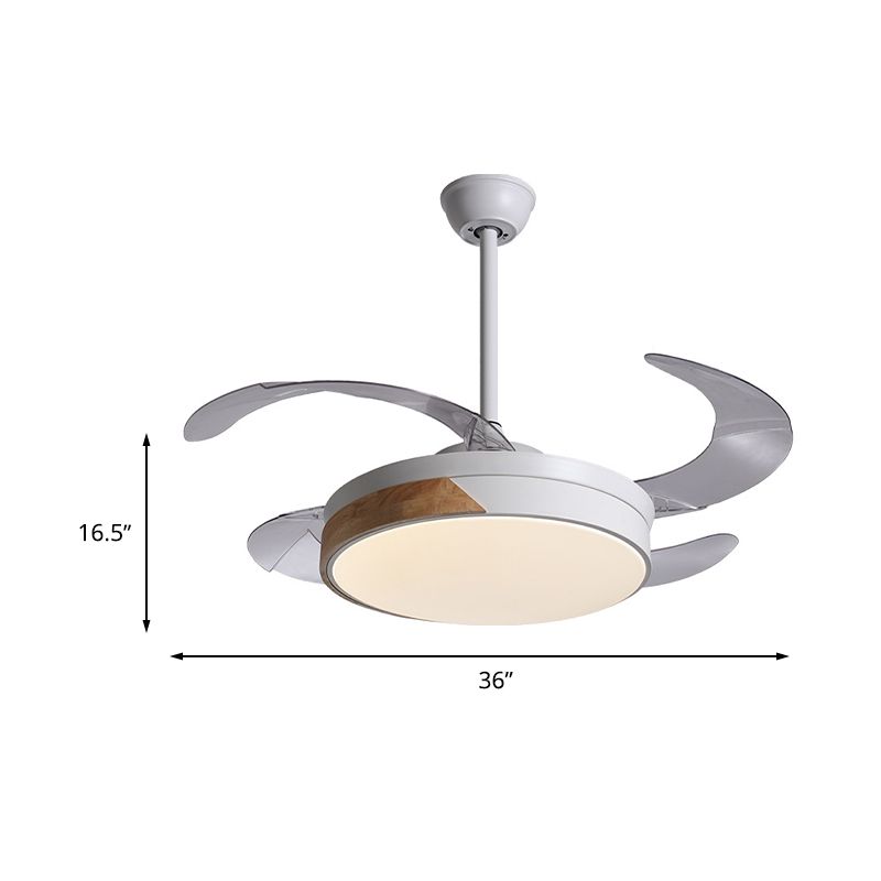 Simplicity Round Fan Lamp LED Metal Semi Flush Ceiling Light in White with 3 Clear Blades, 36"/42" Wide