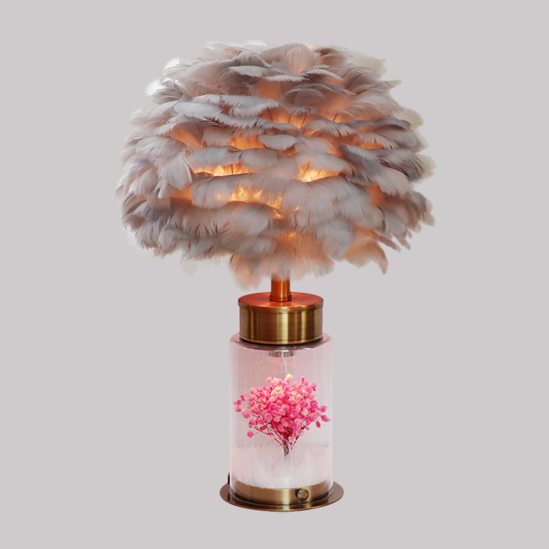 Feather Globe Study Lamp Nordic 1 Bulb Desk Light with Bottle Base and Inner Flower Decor in Grey/White/Pink