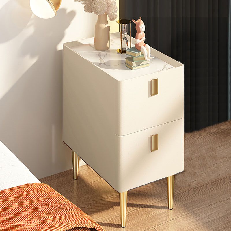 Contemporary Solid Wood Nightstand 2-Drawer Stone Top Night Table