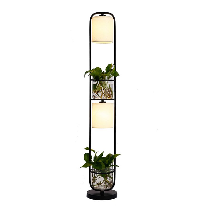 Cylindrical Fabric Floor Lamp Modern 2 Heads Standing Floor Light with Glass Plant Jar