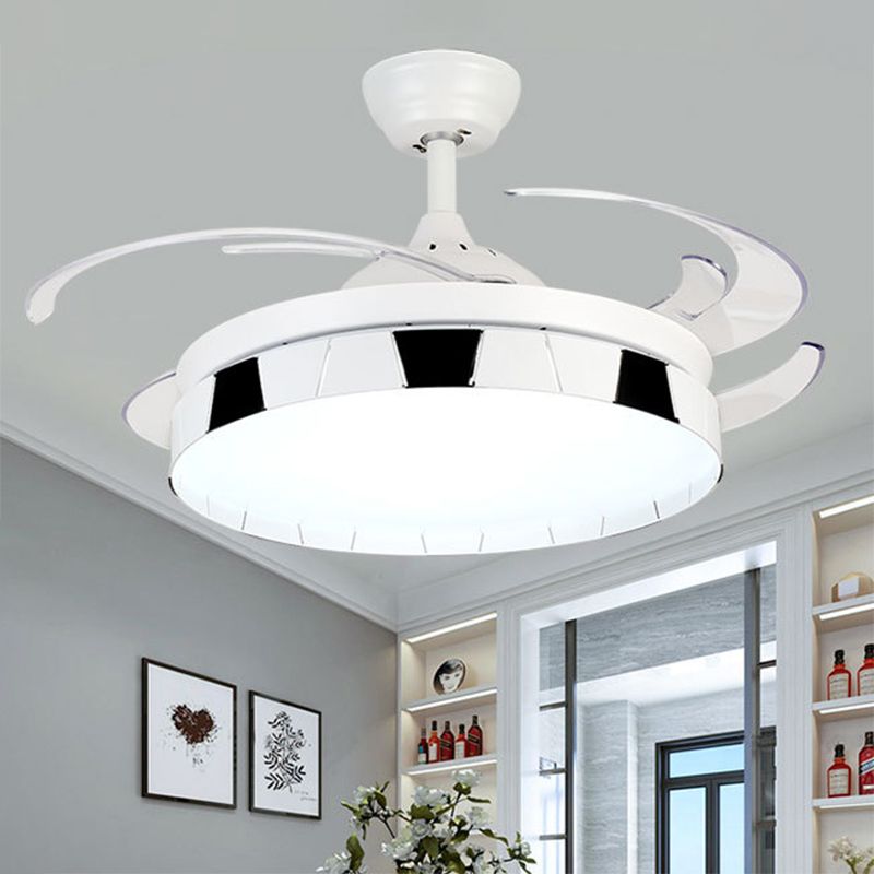 42" Width Round Semi Flush Mount Contemporary Acrylic White-Black LED Pendant Fan Light with 4 Clear Blades