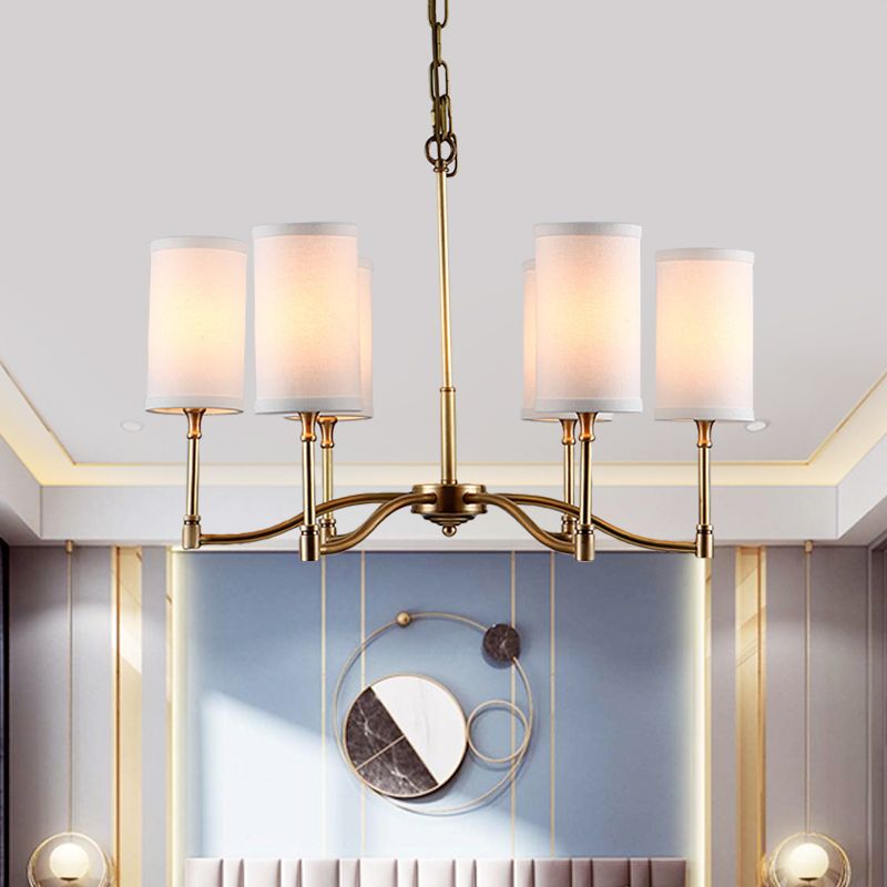 Gouden buisvormige hanger kroonluchter koloniale stijl stof 6/9-bulb omlaag verlichting met gedraaide arm voor woonkamer
