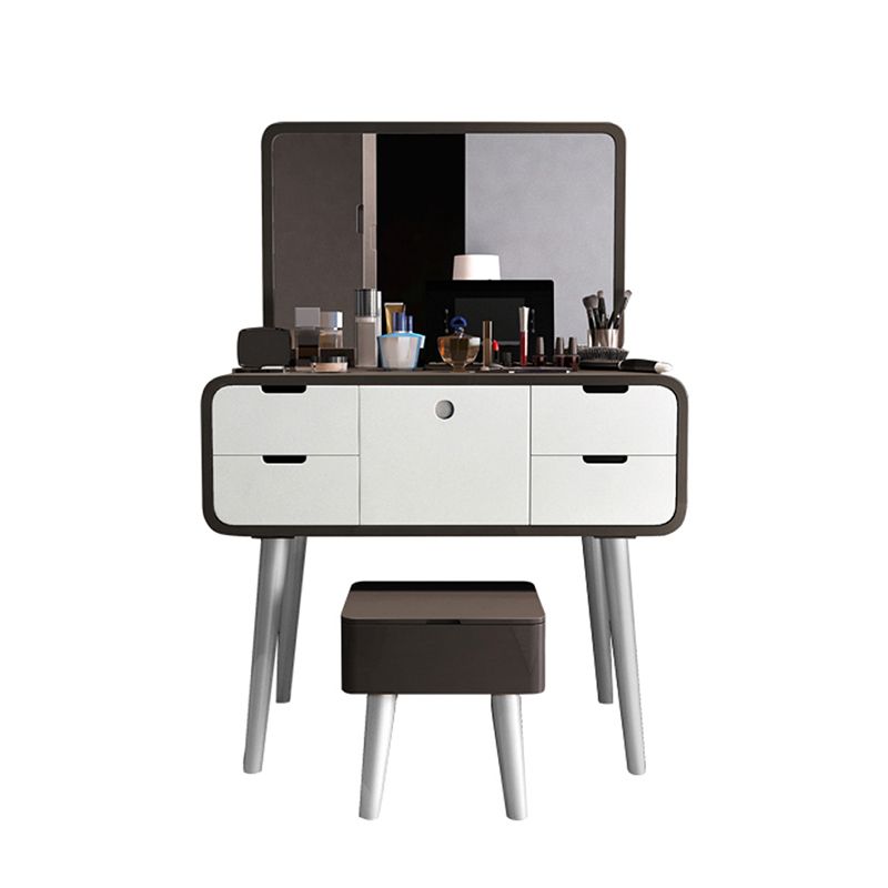 Contemporary Wood Vanity 5 Storage Drawers with Mirror & Stool