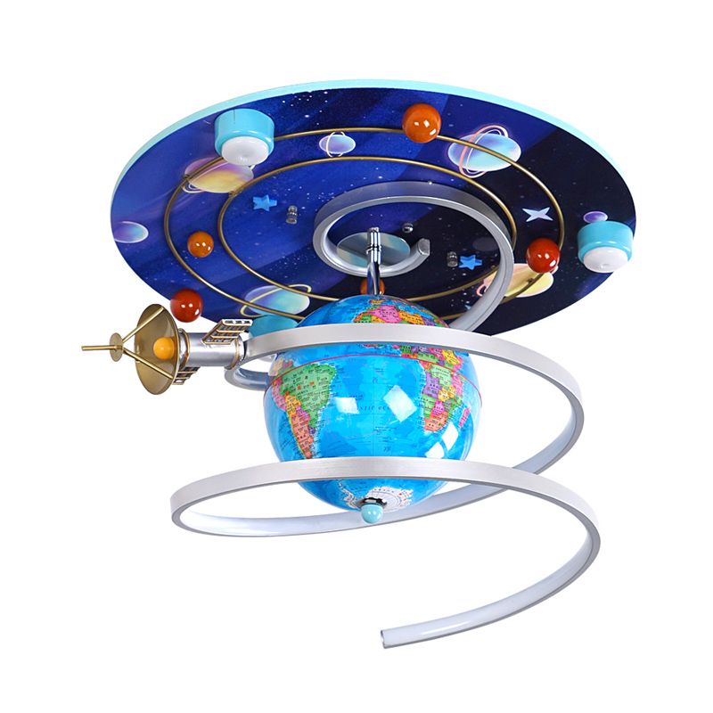 Blue Finish Globe Ceiling Flush Mount Cartoon LED Wood Flush Light Fixture for Kids Bedroom