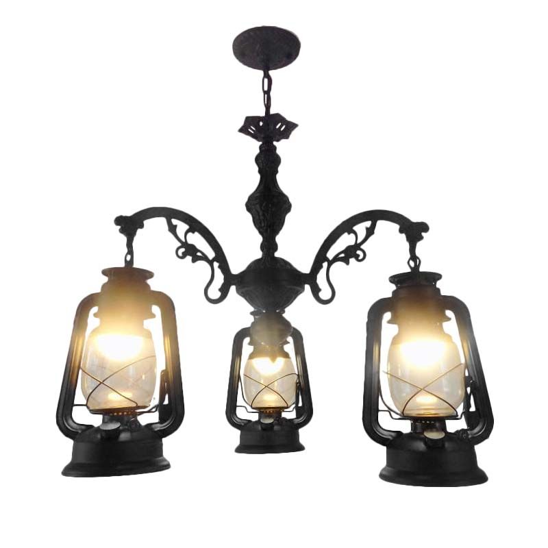 Clear Glass Black/Silver/Red Chandelier Light Lantern 3-Light Industrial Pendant Lamp for Kitchen