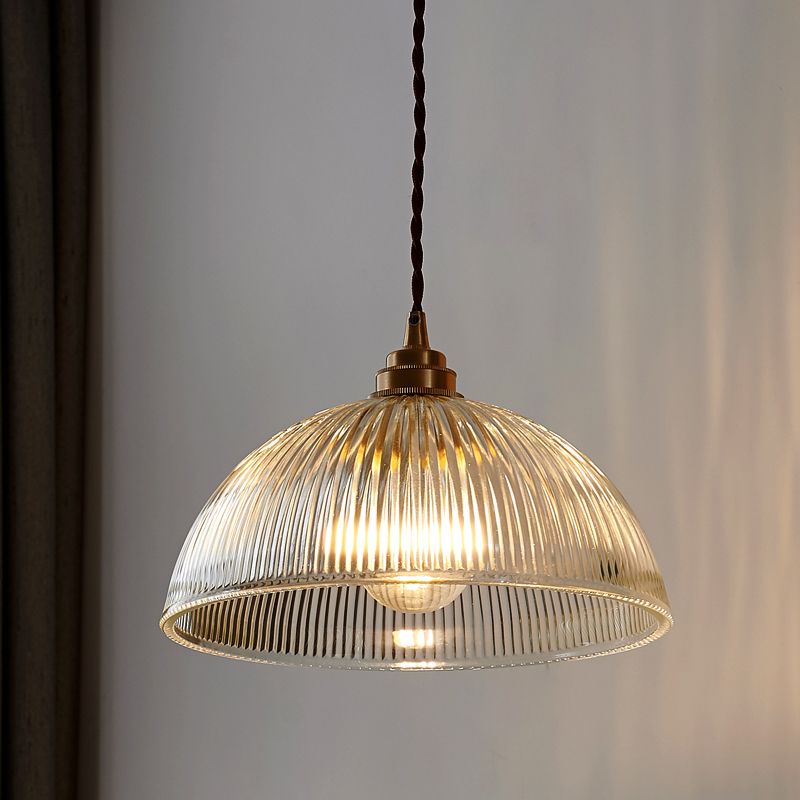 Bowl Ribbed Glass Shaded Pendant Light Simplicity Brass Mini Hanging Lamp for Dining Room