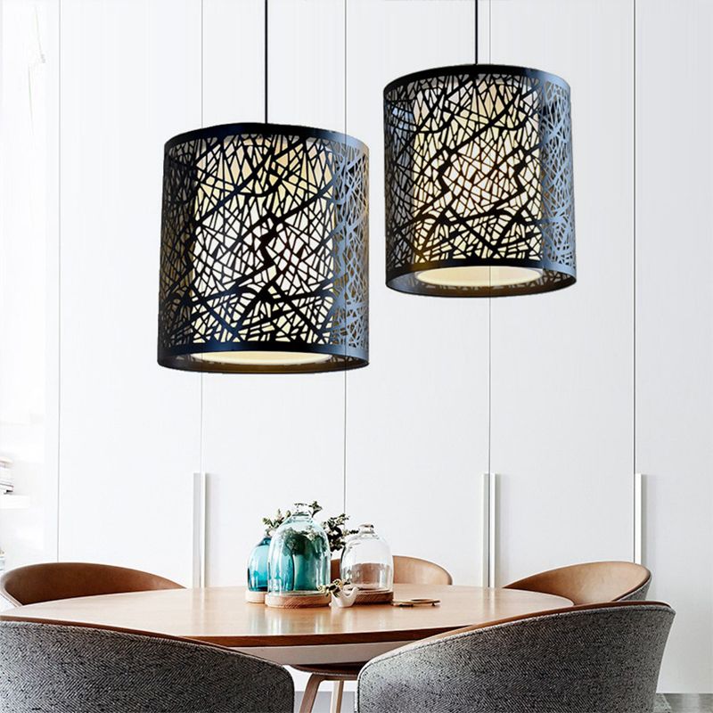 Etched Drum Metal Hanging Lamp Industrial 1 Light Dining Room Pendant Light in Black with Inner White Shade