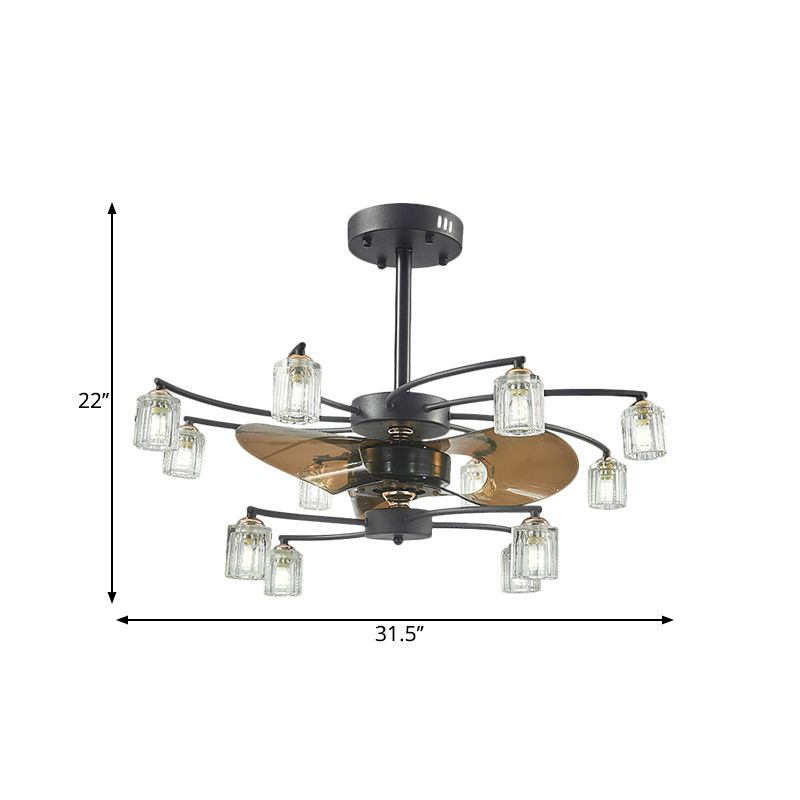 12 Bulbs Pendant Fan Light Traditional Swirled Arms Crystal Cylinder Shade 3 Blades Semi-Flush Mount, 31.5" Wide