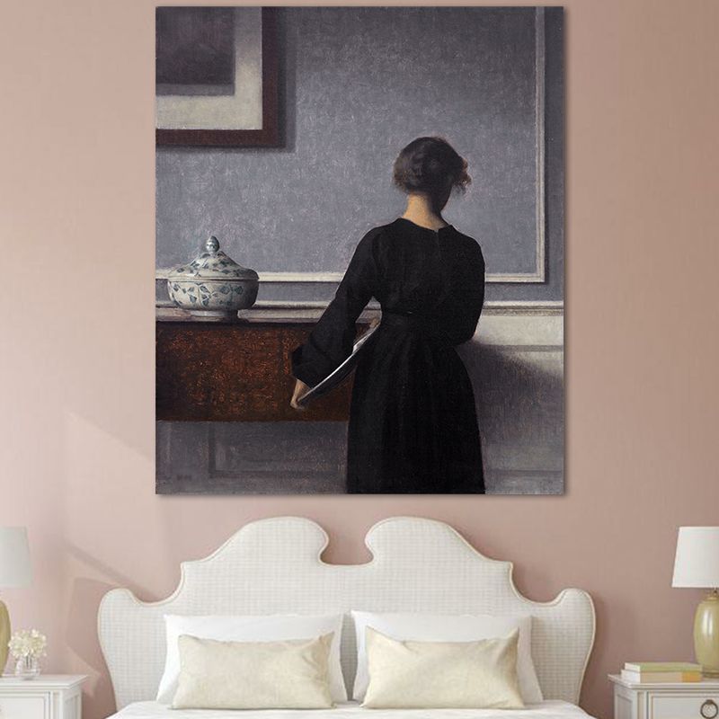 Hammershoi Woman Back Canvas Art Traditional Textured Surface Wall Decor in Dark Color