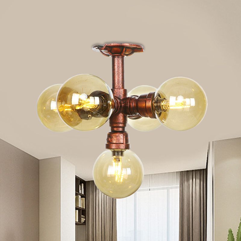 Farmhouse Global Semi Mount Lighting 4/5/6-Light Amber Glass LED Flush Lamp Fixture in Copper