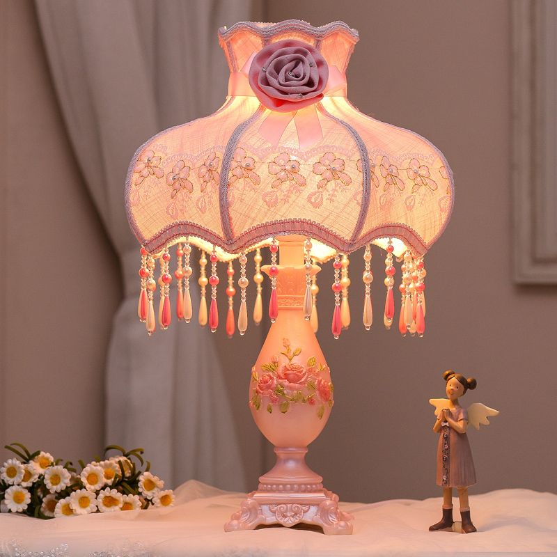 Korean Garden Scalloped Table Light Fabric Bedroom Night Lamp in Pink with Drape and Vase Base