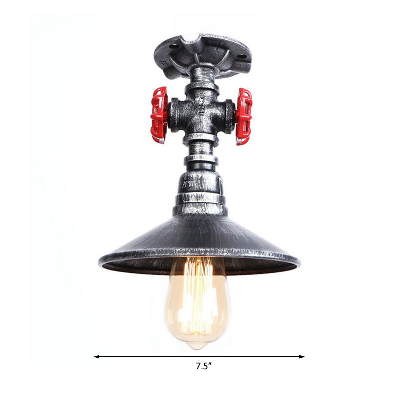 Luz de techo semi-flush de cono de hierro loft industrial 1 lámpara de techo de dormitorio ligero con válvula roja del grifo en negro/bronce