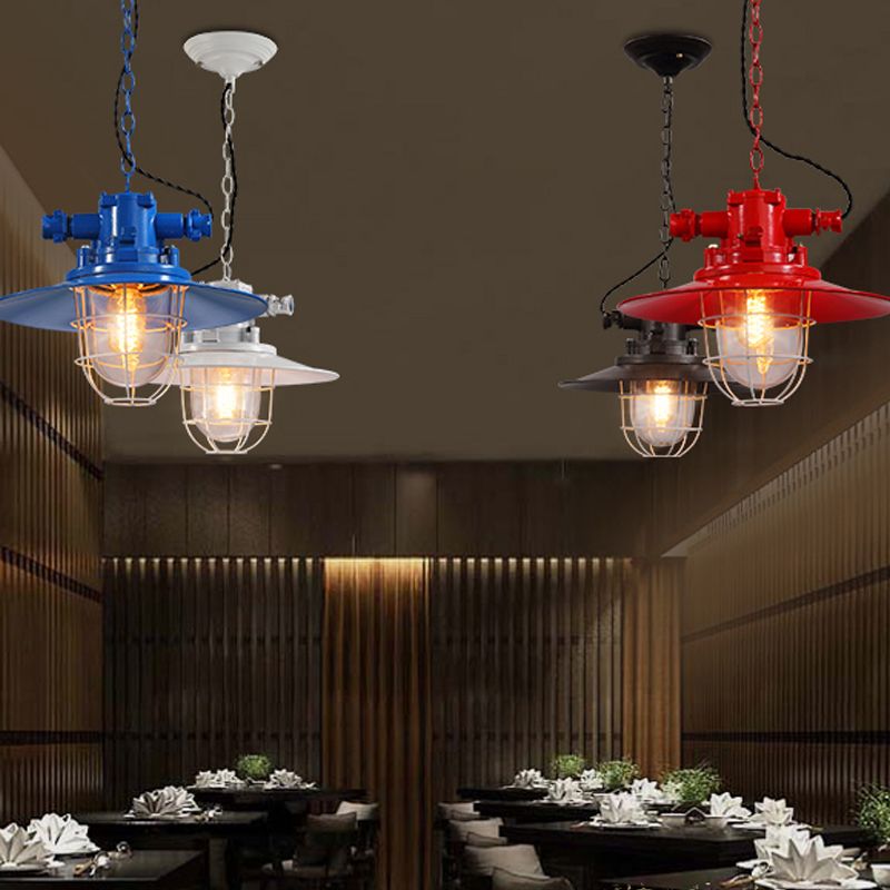 Metal Red/White/Blue Pendulum Light Saucer 1 Bulb Loft Pendant Light Kit with Clear Glass Shade and Cage