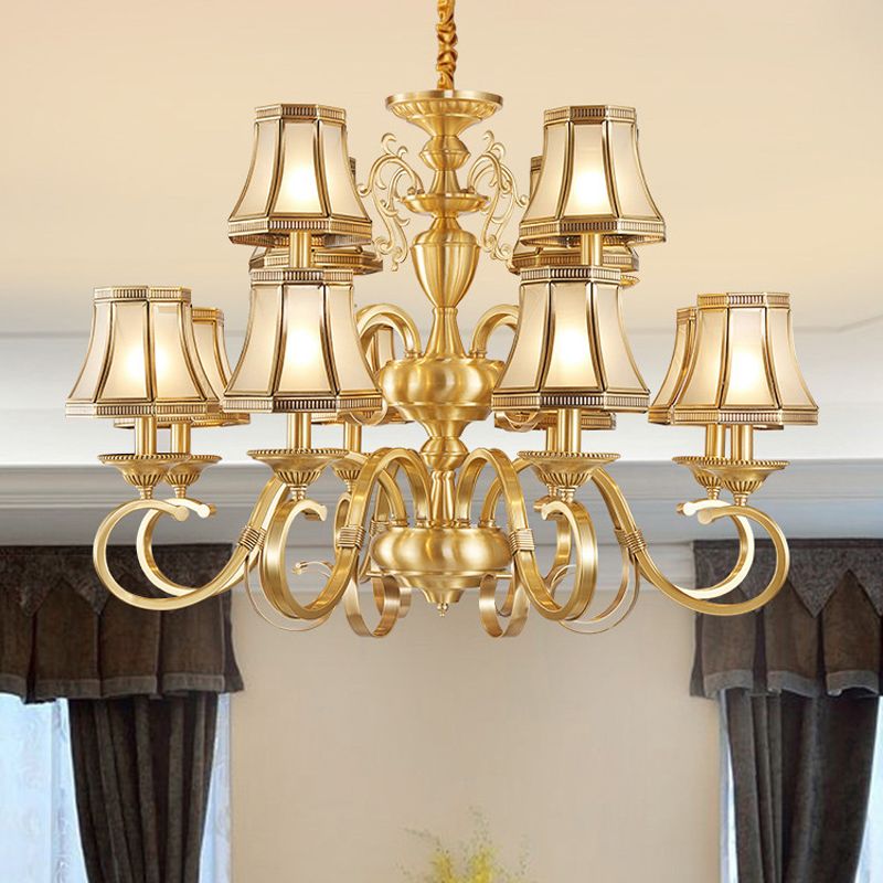 Brass 6/8/12 Lights Chandelier Lamp Colonial Frosted Glass Curved Hanging Light, Small/Medium/Large