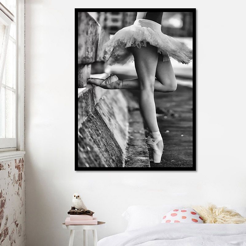 Retro Photo Ballerina Practising Canvas Art Grey Girls Bedroom Wall Decor, Textured