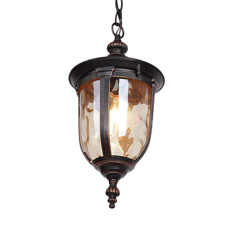 Urn Shape Amber Dimpled Glass Ceiling Light Country 1-Head Hallway Pendant Lighting Fixture in Black