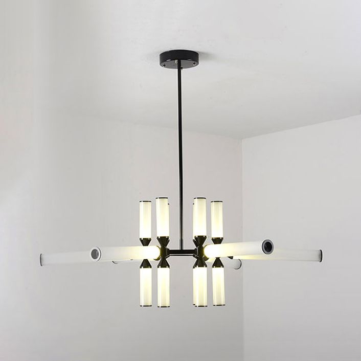 Cylinder Hanging Chandelier Contemporary Metal 9/12/18 Lights Black Pendant Lamp with White/Chrome/Amber Glass Shade