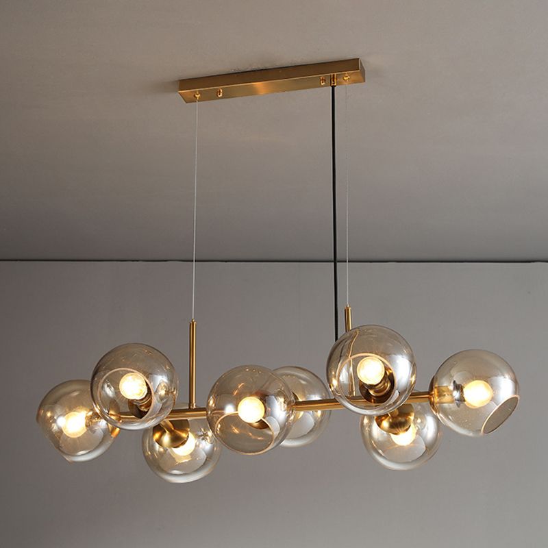 8 Light Mid-Century Gold Metal Island Pendant Lighting Spherical Glass Island Ceiling Light for Dining Table