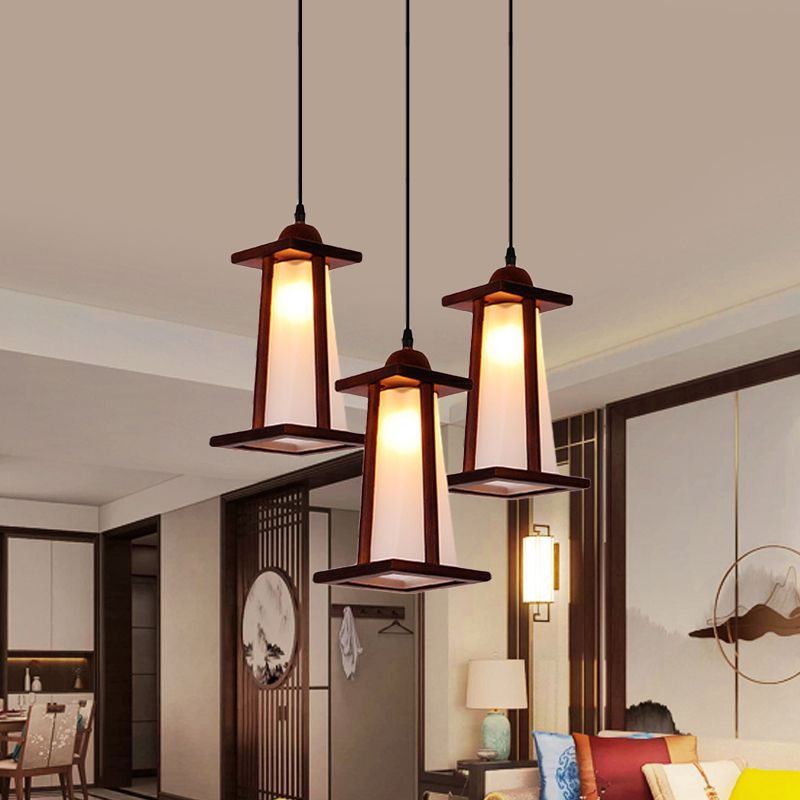 Wood 3 Lights Cluster Pendant Coastal Frosted Glass Trapezoid Hanging Ceiling Light with Linear/Triangle Canopy