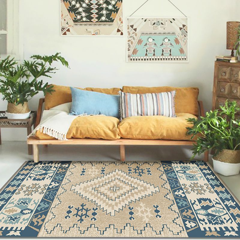 Brown and Blue Bohemian Rug Synthetics Tribal Rhombus Pattern Rug Pet Friendly Washable Non-Slip Area Rug for Decoration