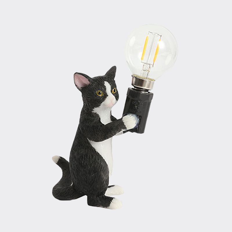 Lámpara de mesa de soporte de gato Tabby Kids Iron 1 Bulbo Black/Amarillo/Blue Night -Stand Light con diseño de bombilla desnuda