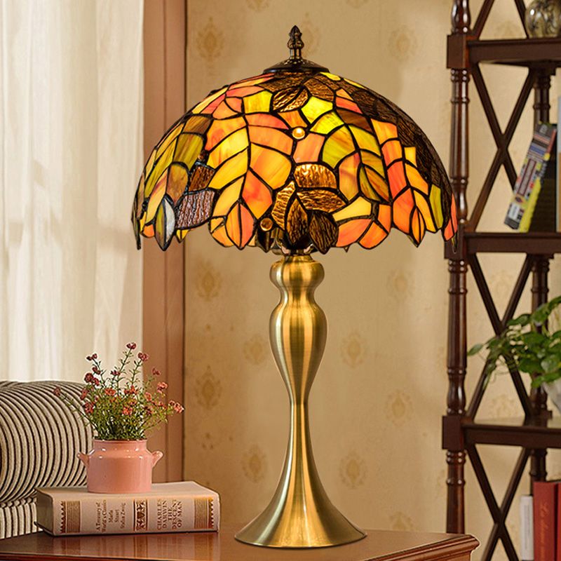 1-Light Leaf Patterned Night Lamp Baroque Gold Finish Hand Cut Glass Table Lighting with Dome Shade