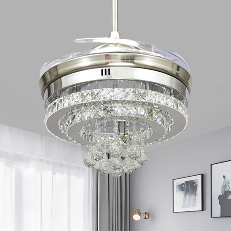 Minimalist LED Pendant Fan Light Chrome Circle 4 Blades Semi Flush Mount with Beveled Crystal Shade, 19" W