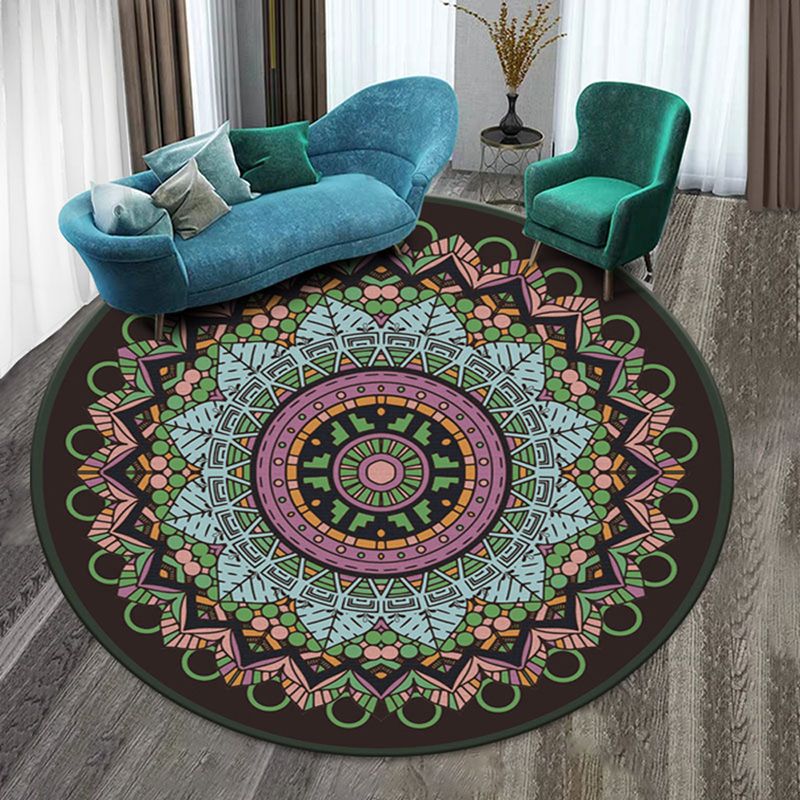 Moroccan Round Rug Multicolor Tribal Print Polyester Carpet Stain Resistant Area Rug for Living Room