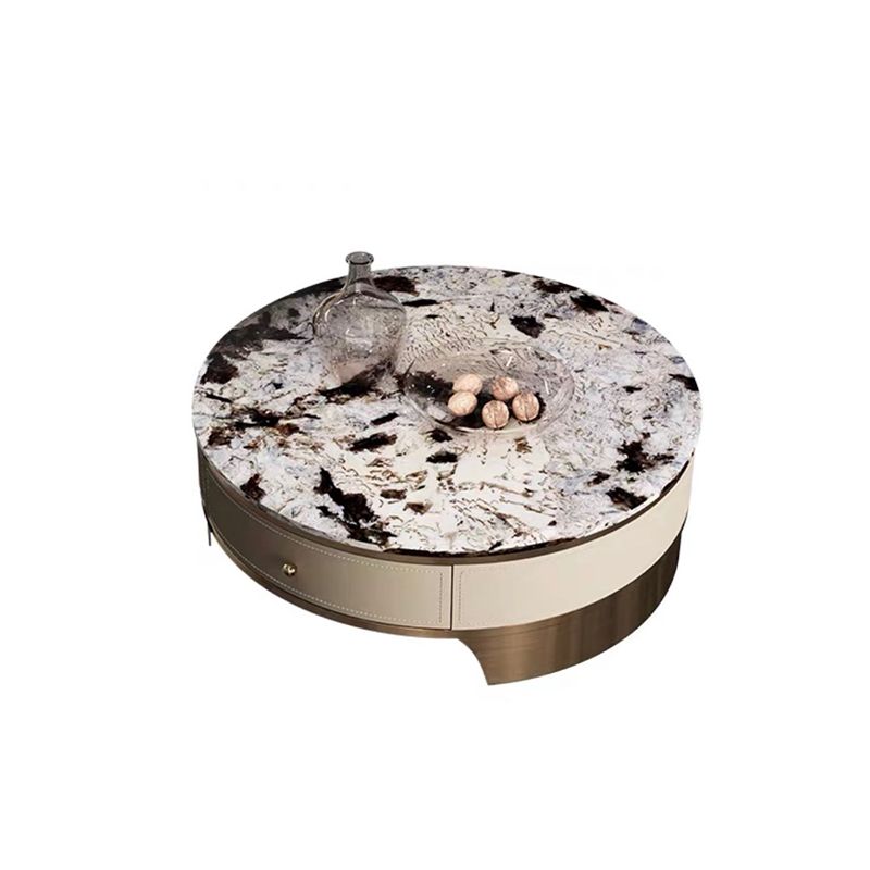 Drum Base Design Marble White/black White Top Metal Base Round Coffee Table