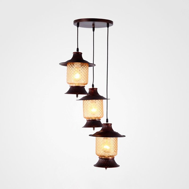 Yellow Grid Glass Copper Hanging Lamp Kerosene 3-Head Industrial Cluster Pendant Light