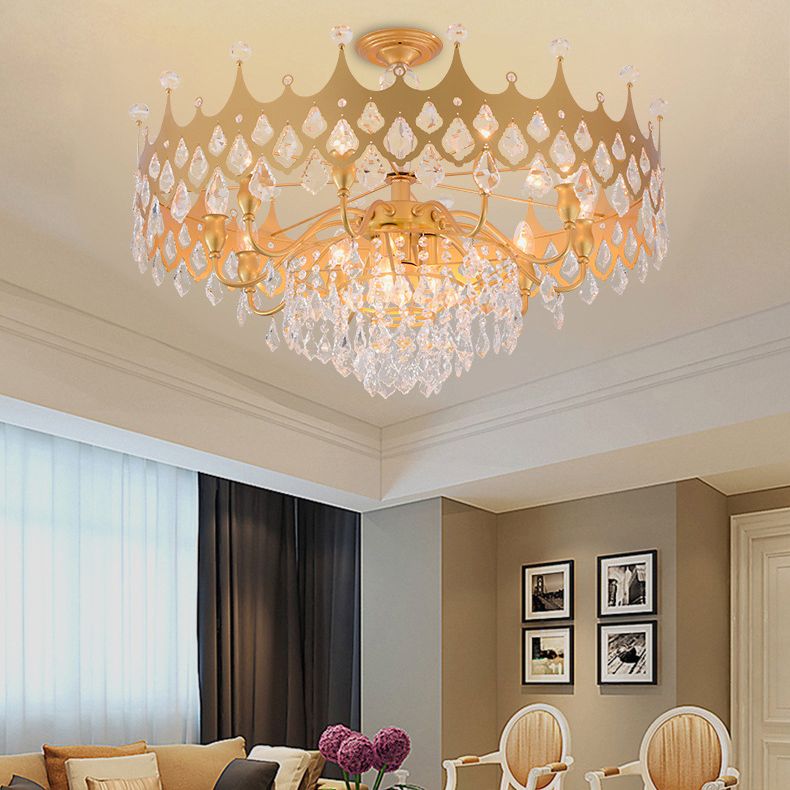 Postmodern Crown Shaped Chandelier Pendant Crystal Dining Room Hanging Light in Gold