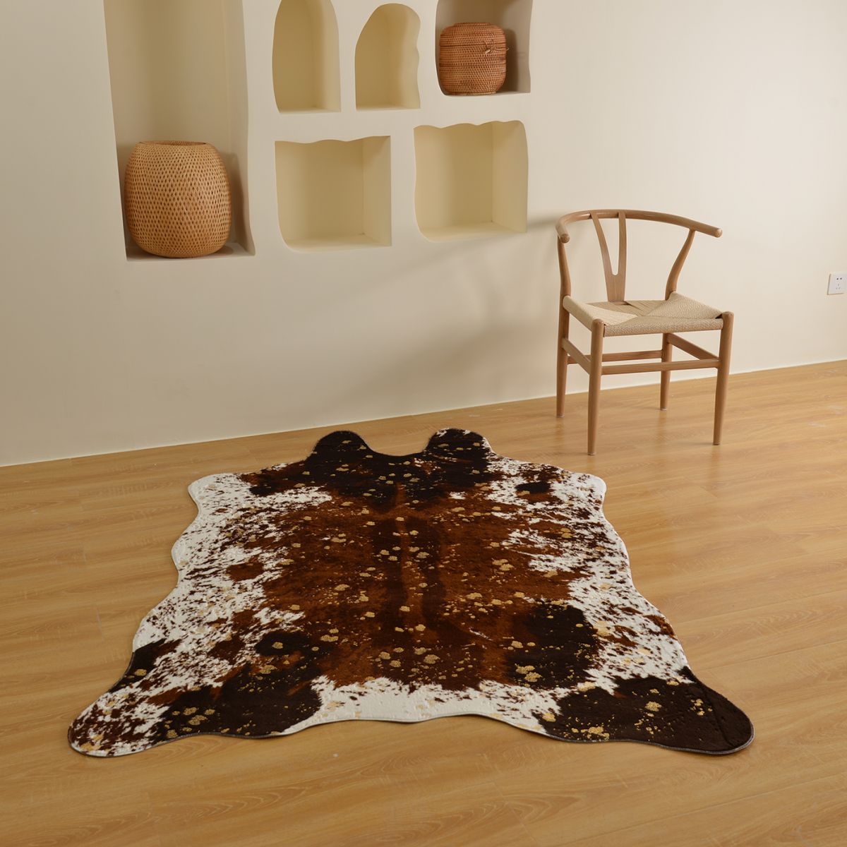 Brown Cow Skin Pattern Rug Polyester Contemporary Rug Washable Non-Slip Pet Friendly Carpet for Living Room