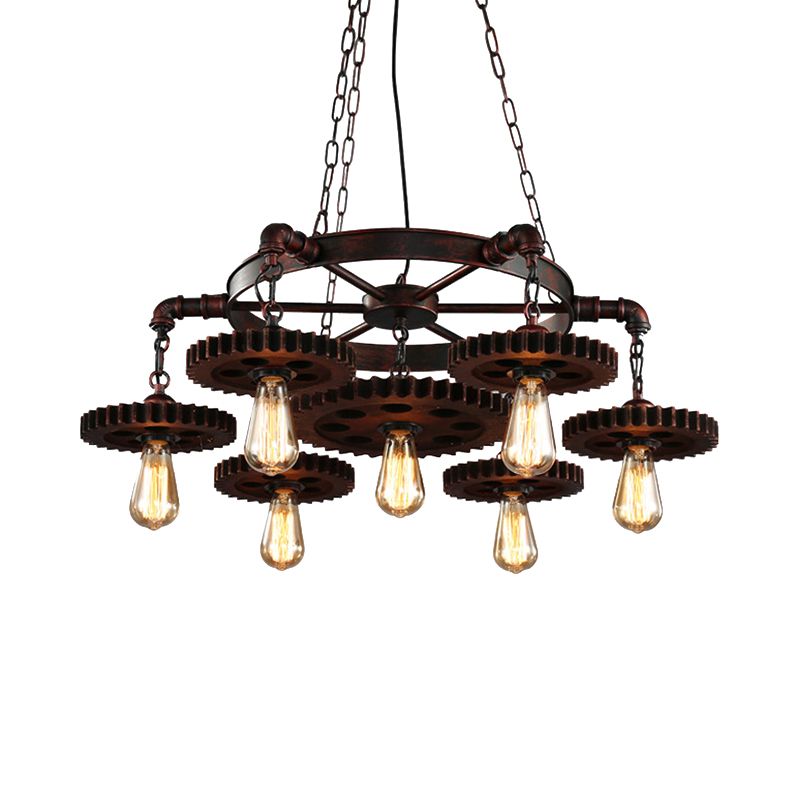 Gear Design Wrought Iron Chandelier Light Retro Style 7 Heads Living Room Pendant Lamp in Rust