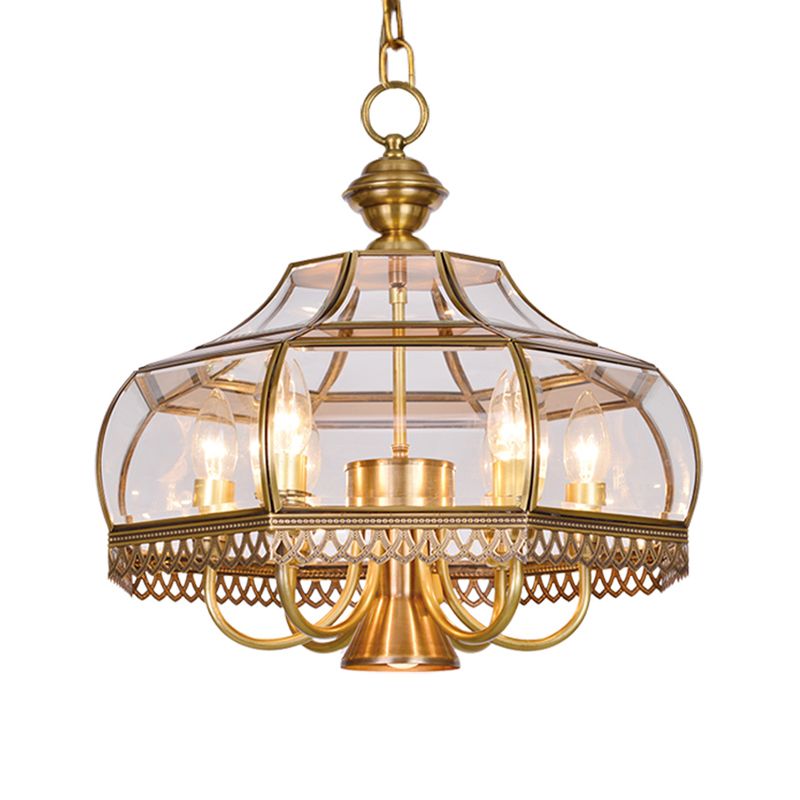 Clear Glass Gourd Chandelier Light Fixture Traditional 7 Bulbs Dining Room Ceiling Pendant Lamp in Brass