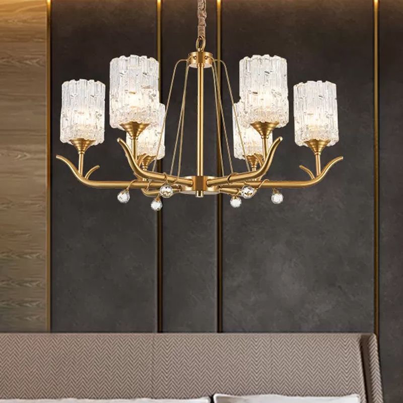 3/6/8-Light Hand-Blown Textured Glass Chandelier Postmodern Brass Cylinder Dining Room Hanging Ceiling Light