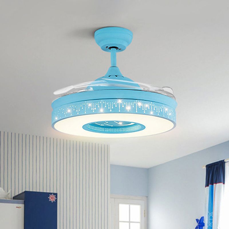 Ring Metal Semi Flush Lighting Kids Pink/Blue Finish 4 Blades LED Pendant Fan Lamp for Bedroom, 42" Wide