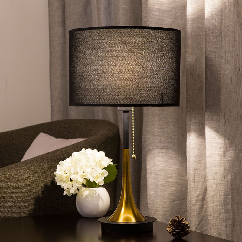 Drum Night Table Lamp Modern Metal 1 Head Black/Grey Nightstand Lighting with Pull Chain for Living Room