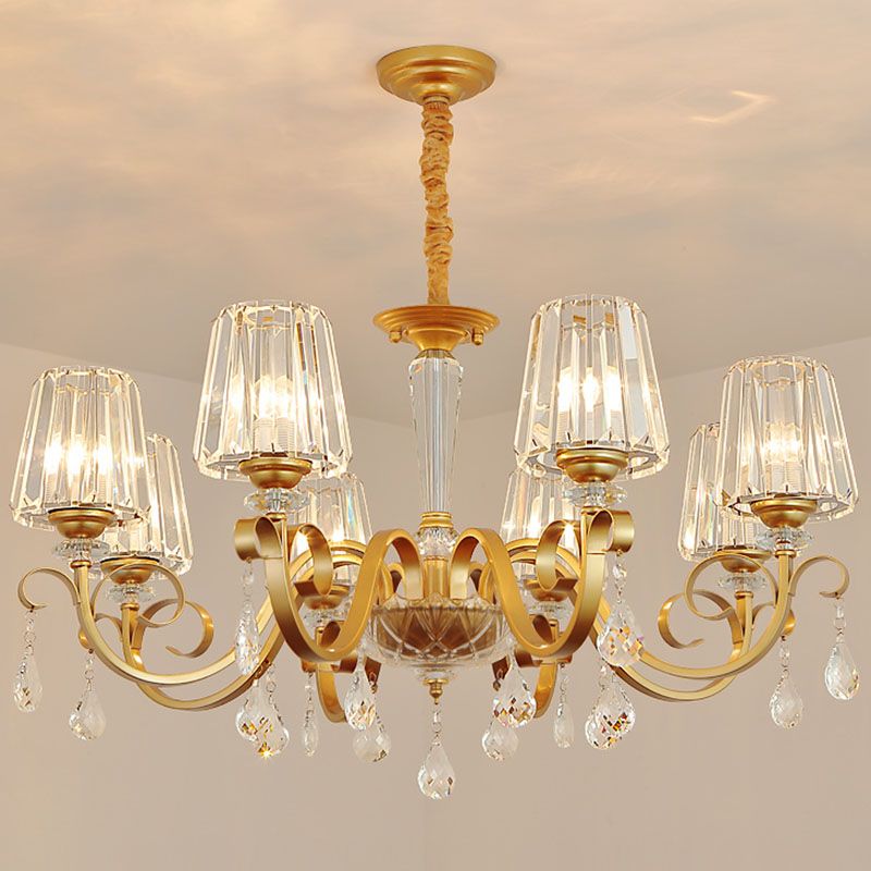 Tapered Beveled Crystal Hanging Light Kit Simplicity Gold Ceiling Chandelier with Scrolled Arm