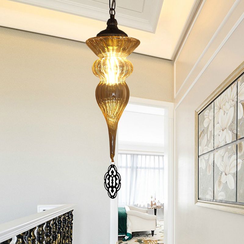 Lampe à chute d'urone vintage 1 tête Prismatic Amber Glass Pender Plafond Light en laiton pour le restaurant
