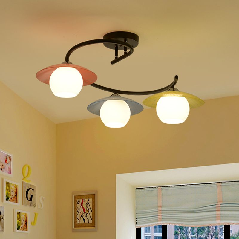 Macaron Swirled Iron Semi Flush Mount 3 Bulbs Ceiling Lighting in Black with Dome Glass Shade and Colored Saucer Cap