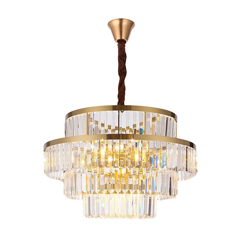 Modernism 12 Bulbs Ceiling Chandelier Brass Tiered Hanging Pendant Light with Crystal Shade