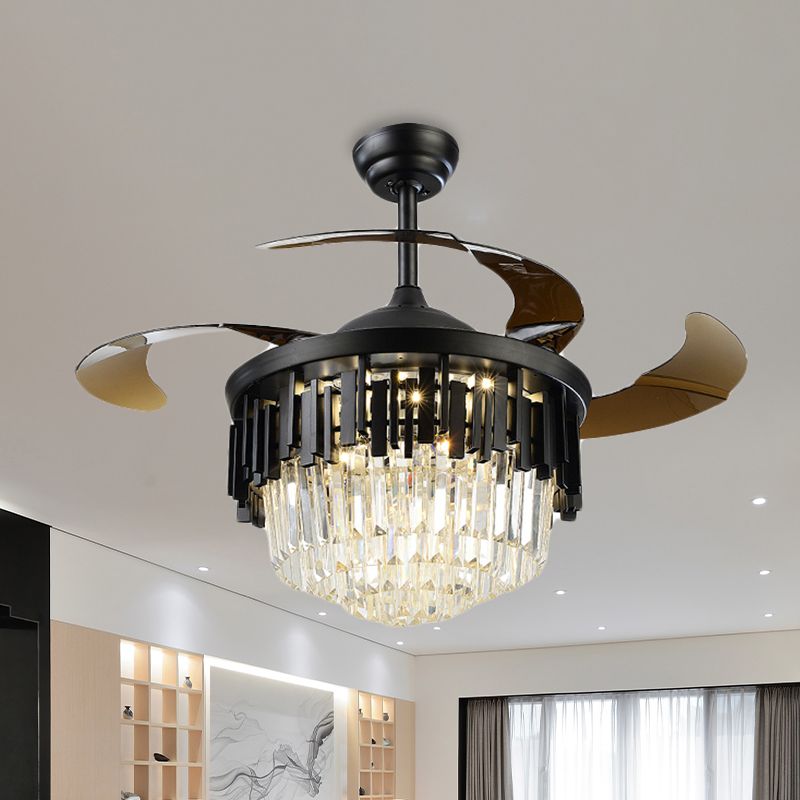 Black/Gold Layered Drum Fan Lamp Postmodern Crystal 3-Blade Dining Room LED Semi Flush Light, 19" Wide