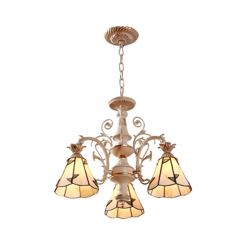 3/5-Light Conic Pendant Chandelier Mission White Stained Glass Leaf Patterned Ceiling Hang Fixture