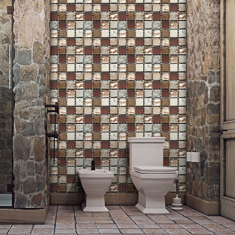 Red Brown Mosaics Tile Wallpaper Panel Self-Adhesive Wall Art for Bathroom (12 Pieces)