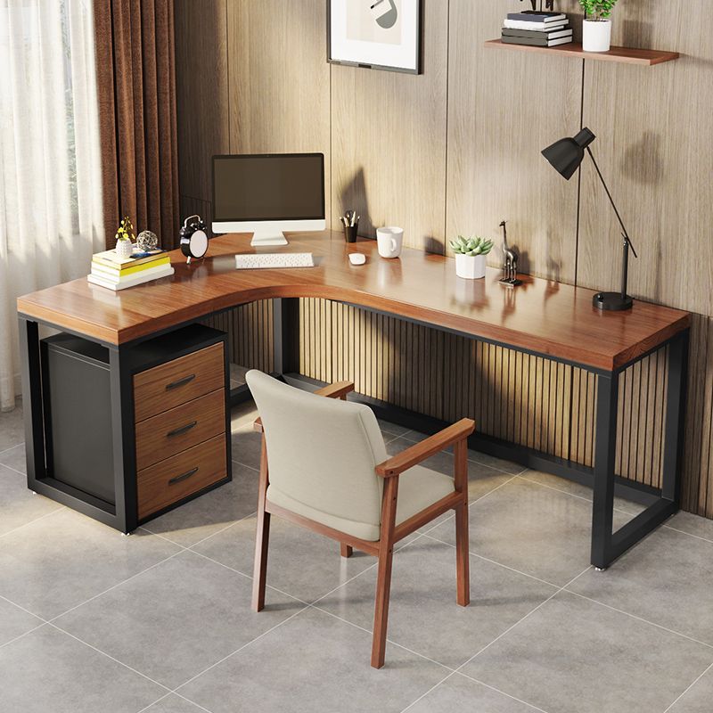 L-Shape Executive Desk Brown and Black Writing Desk Pine and Metal