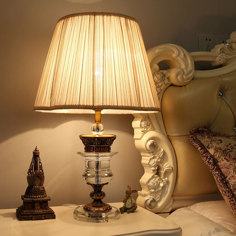 Single Bulb Tapered Night Light Traditional Style Beige Fabric Table Lamp with Crystal Base