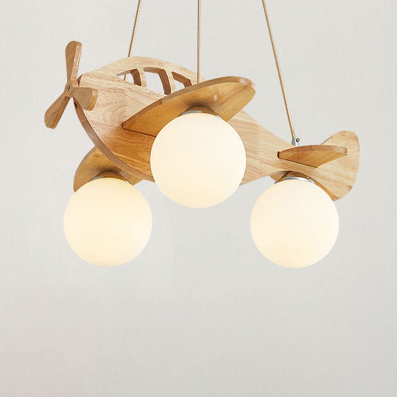 Cartoon Aircraft Pendant Chandelier Wooden 3-Bulb Kids Room Hanging Light with Ball White Glass Shade