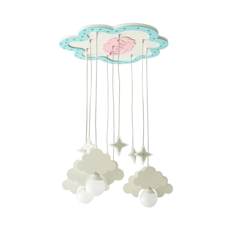 Wooden Cloud Cluster Pendant Light Kids 3 Bulbs Blue and White Suspension Lamp for Nursery
