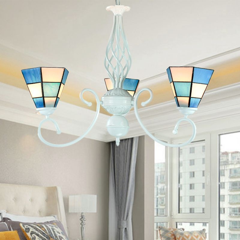 Cone Shade Foyer Pendant Light with Metal Chain Mediterranean Blue Glass Chandelier Lamp