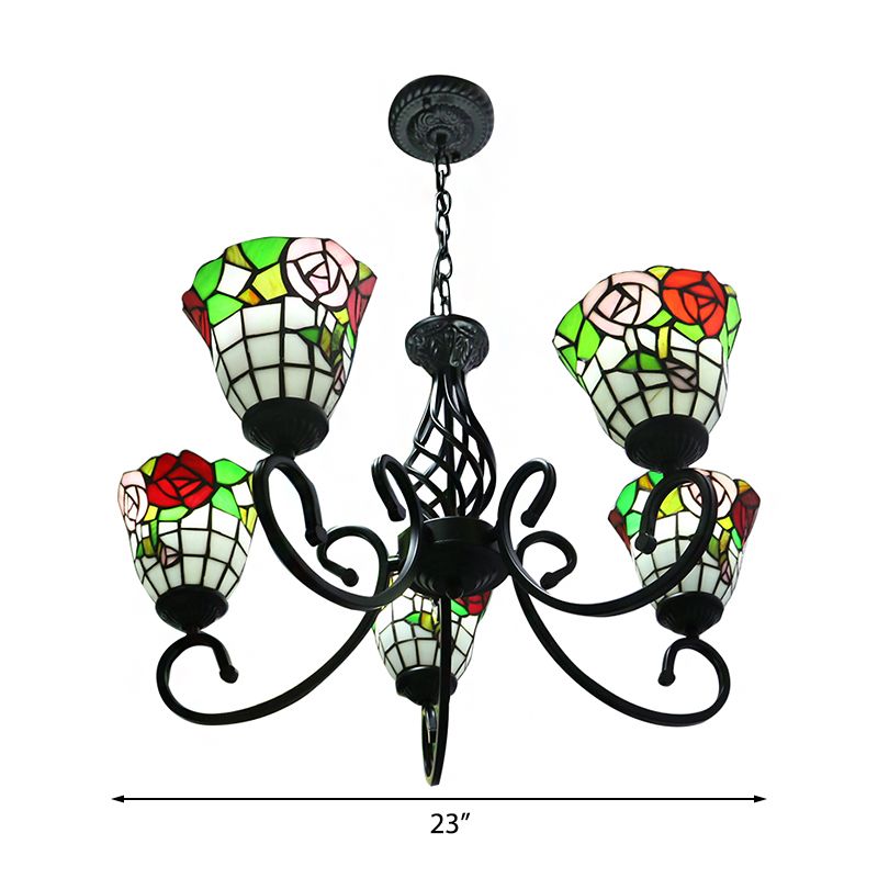 Lustre de lustre rose pavé de luminaire lodge Tache-verre 5-Light Suspension Light in Black Finish